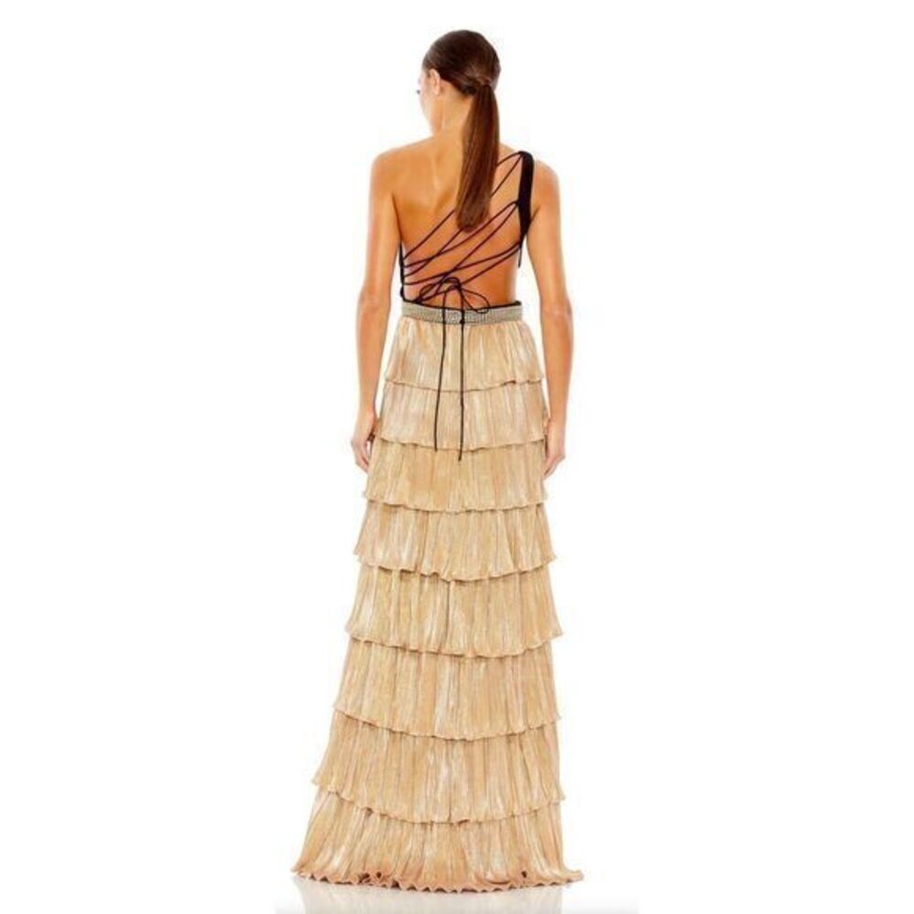 Mac Duggal‎ 26742 Metallic One Shoulder Ruffle Tiered Gown Size 0 Gold Black - Picture 4 of 10